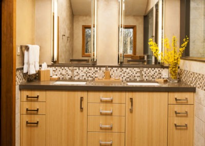 Custom bathroom spa: bamboo doors, quartz top, lighted medicine cabinets