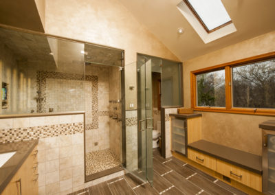 Shower/steam-room, private toilet with frosted glass, custom tile design