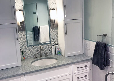 Abbey's designed bathroom in soft greys & whites cabinetry