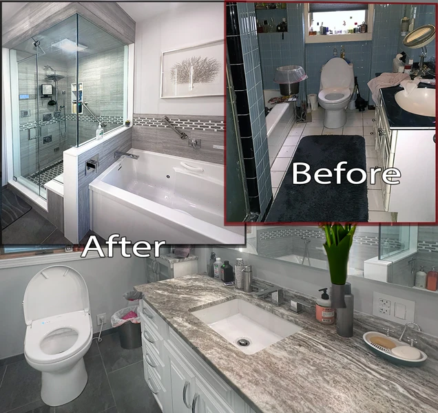 Before and after images of a bathroom remodel by Abbeys Kitchens and Bathroom remodels ner Bayonne, NJ