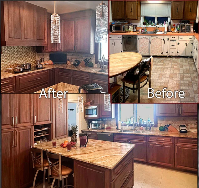 Before and after images of a kitchen remodel by Abbeys Kitchens and Bathroom remodels ner Bayonne, NJ