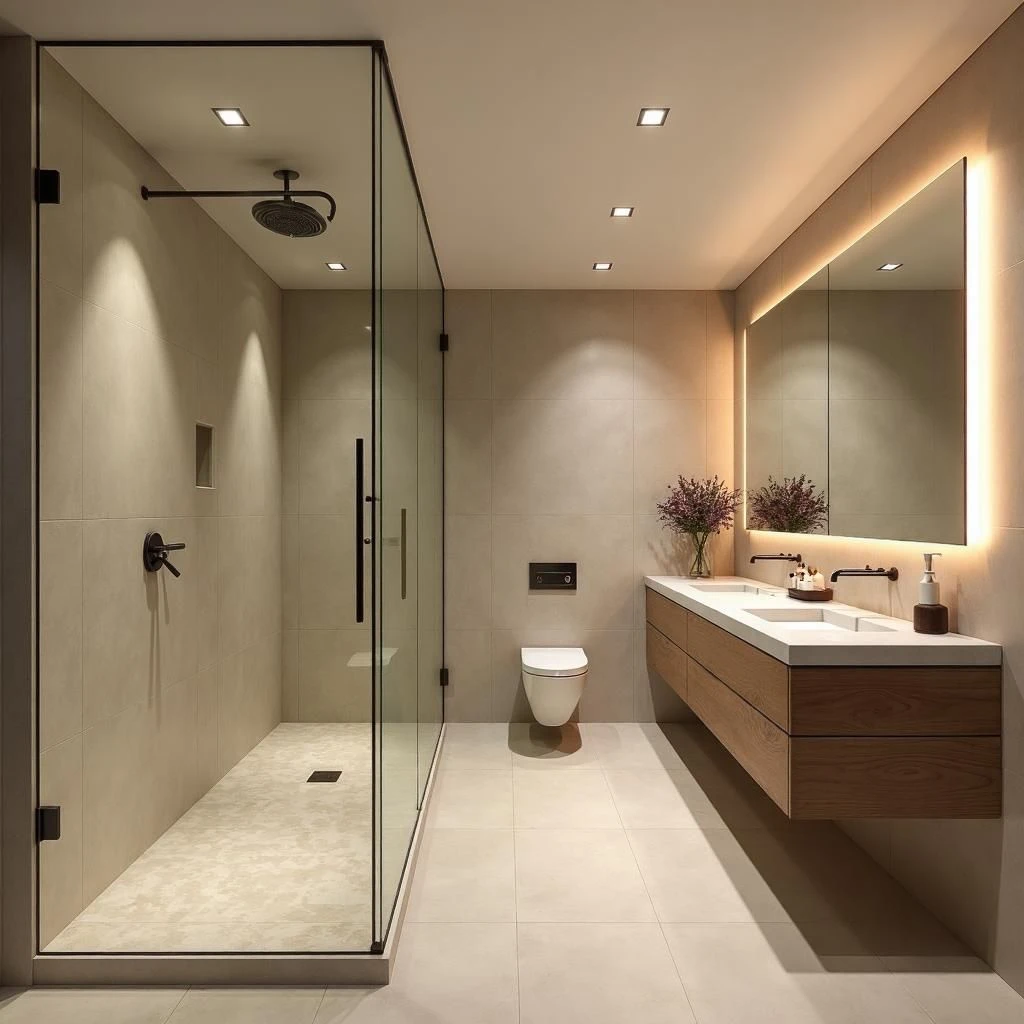 Spa-inspired bathroom renovation in a Hoboken condo, oversized low-threshold shower with frameless glass, floating wood vanity with integrated LED lighting, radiant heated porcelain floor, warm neutral palette, high-end organic modern design, photographed in clean soft lighting.