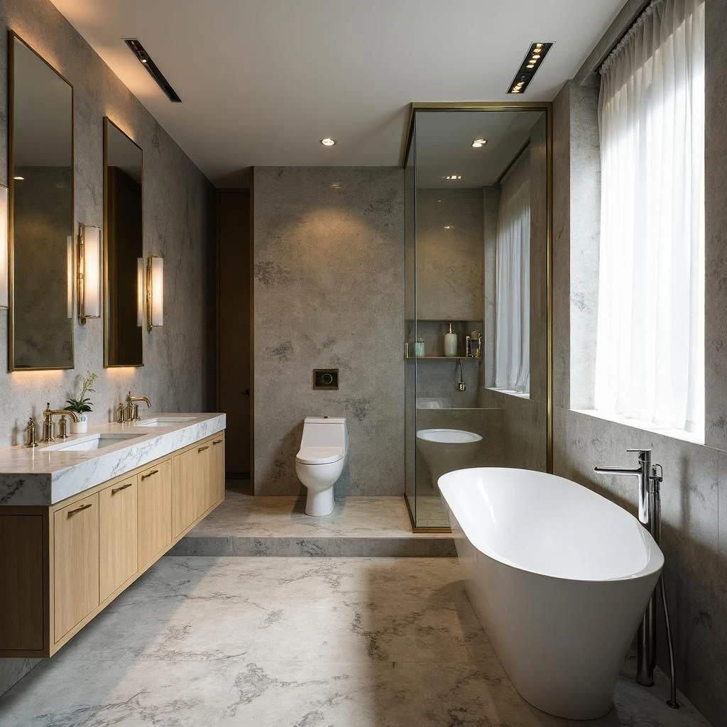 High-rise luxury bathroom renovation in Paulus Hook, wet-room layout with freestanding tub and oversized shower, radiant heated floors, dramatic stone-look porcelain walls, brass accents, soft ambient lighting, photographed in a modern editorial style.