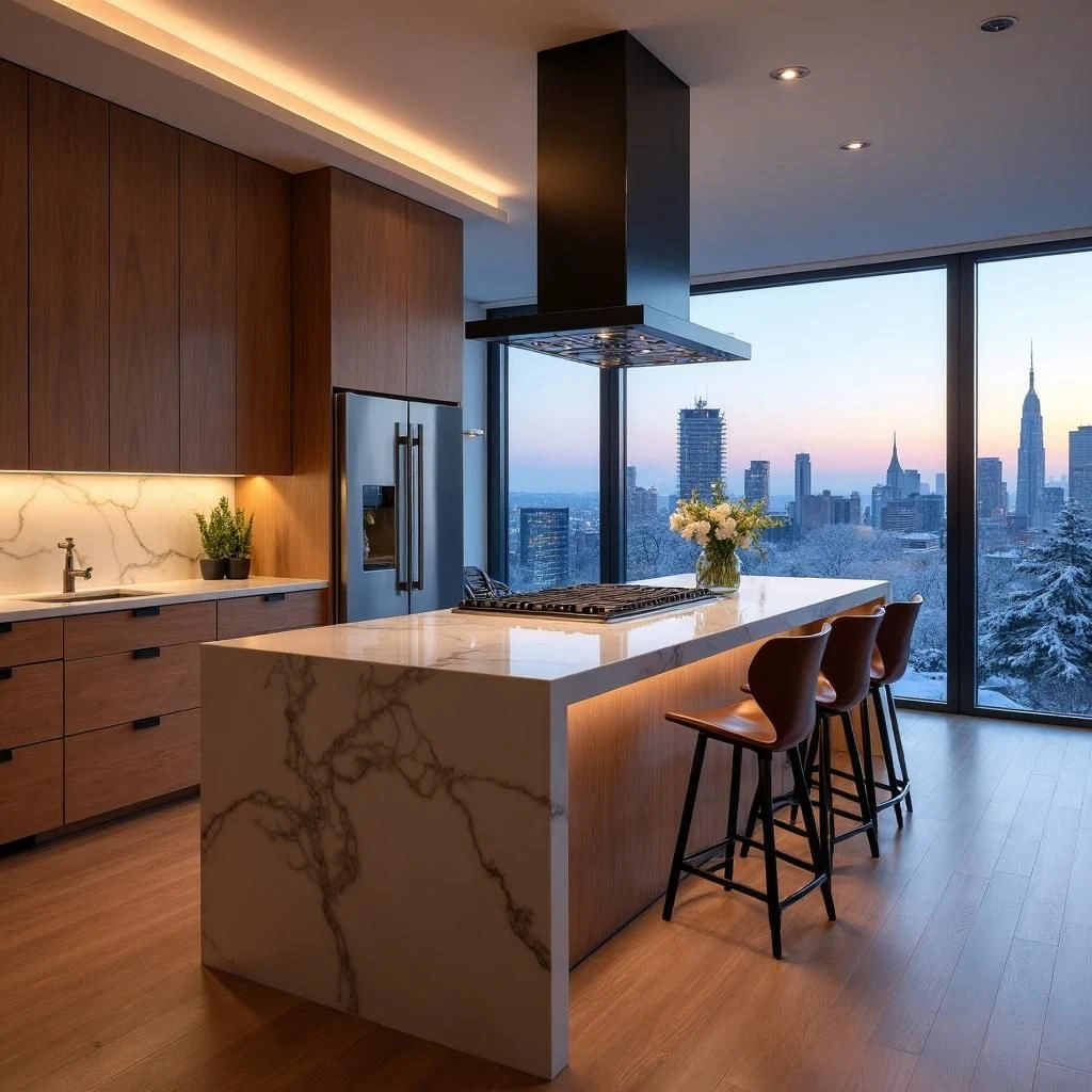 High-end Weehawken kitchen renovation with Manhattan skyline view, island cooktop facing large windows, slim sightline hood, warm wood cabinetry, quartz waterfall island, soft winter ambient lighting, elegant modern interior photographed at dusk.