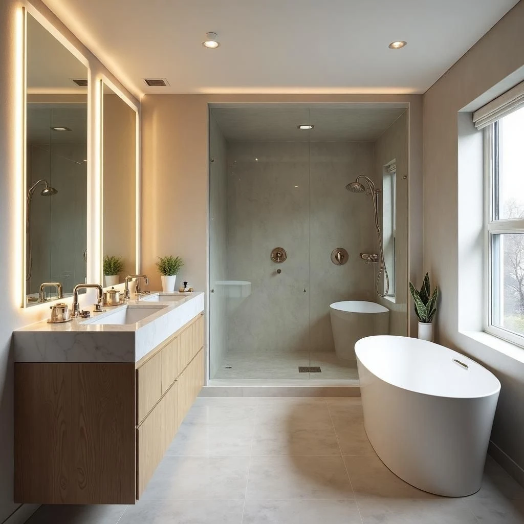 Boutique-style primary bathroom in Weehawken condo, oversized shower with multiple showerheads, natural wood vanity, integrated backlit mirrors, freestanding tub, soft spa-like lighting, modern luxury design photographed in winter natural light.