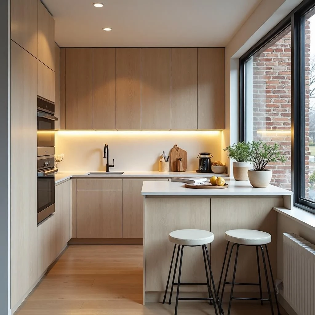 Luxury compact kitchen renovation in a Hoboken brownstone, warm organic modern design, white oak cabinetry, quartz countersplash, panel-ready appliances, peninsula with seating, soft evening lighting, narrow townhouse layout, photographed in natural winter light, editorial-style interior photograph